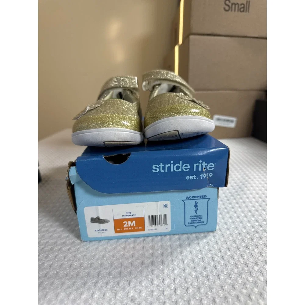 Stride Rite Mary Jane Kids 2M Holly Champagne Gold Glitter Flower NIB
